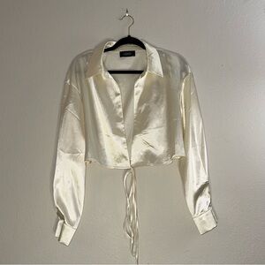 Satin Tie-Front Cropped Shirt - Cream